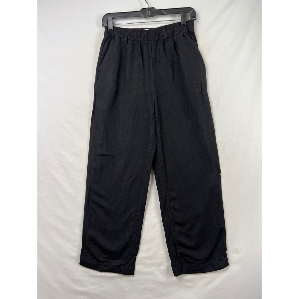 LOFT Linen Blend Pants Womens XSP Black Straight Leg Elastic Waist High Rise